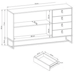 Eureka Kero Senkki 153x39 Cm Tammi/harmaa -Veke Myymälä Kero senkki 153 cm tammi harmaa mittakuva